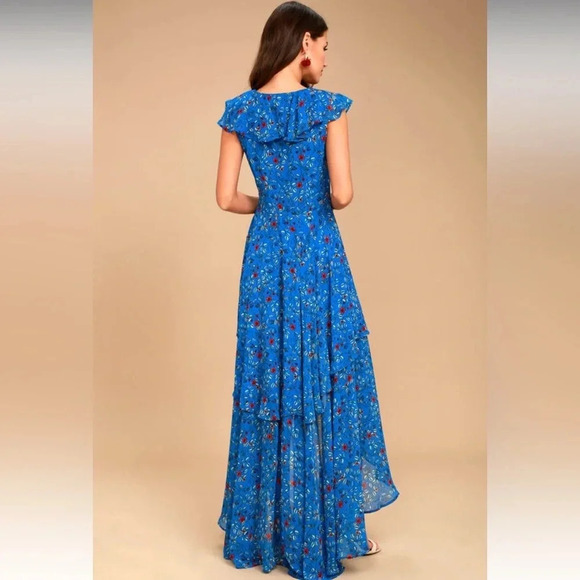 NWT!! Lulu’s - Always and Forever Blue Floral Print Lace-Up High-Low Dress - XS - Picture 3 of 12